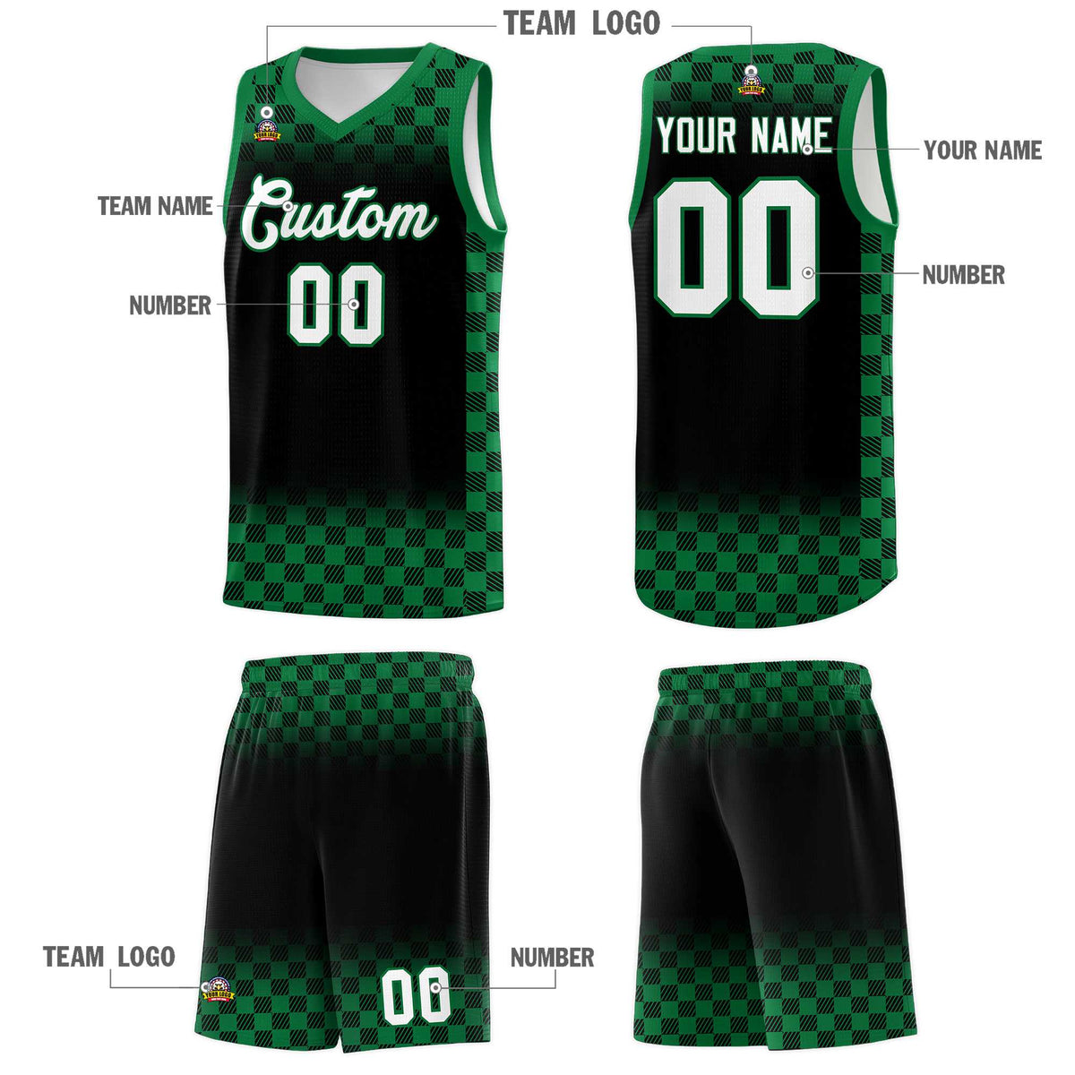 Custom Black Kelly Green Classic Plaid Pattern Sports Uniform Basketball Jersey Limited