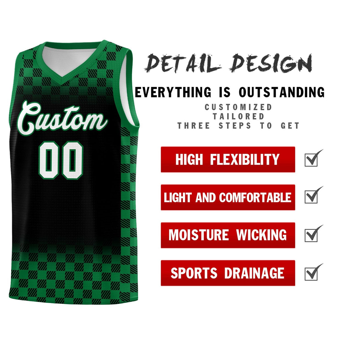 Custom Black Kelly Green Classic Plaid Pattern Sports Uniform Basketball Jersey Limited