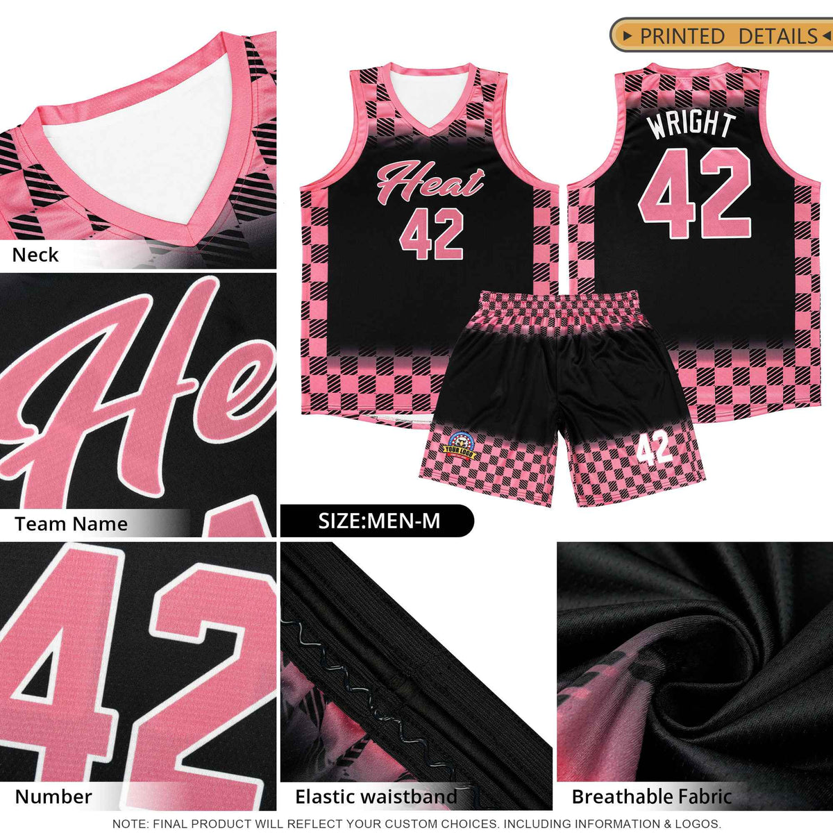 Custom Black Pink Classic Plaid Pattern Sports Uniform Basketball Jersey Limited