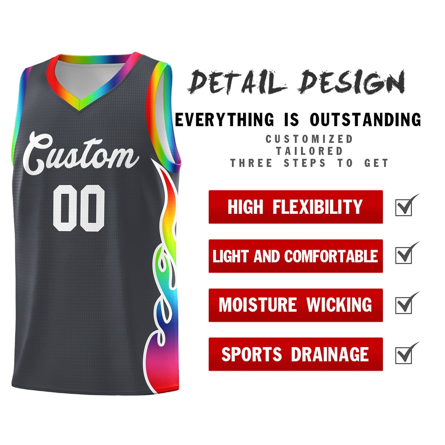 Custom Dark Gray Side Flame Pattern Fashion Sports Uniform Basketball Jersey Limited
