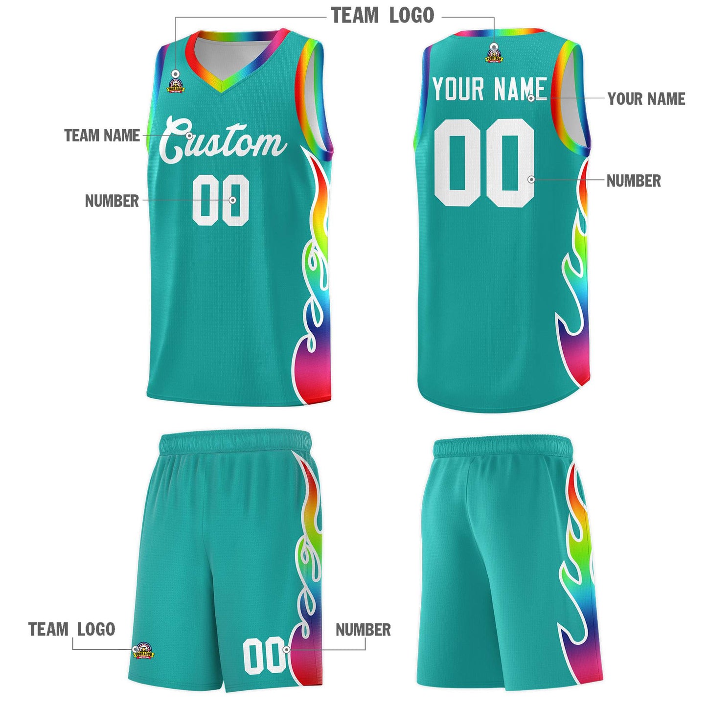 Custom Aqua Side Flame Pattern Fashion Sports Uniform Basketball Jersey Limited