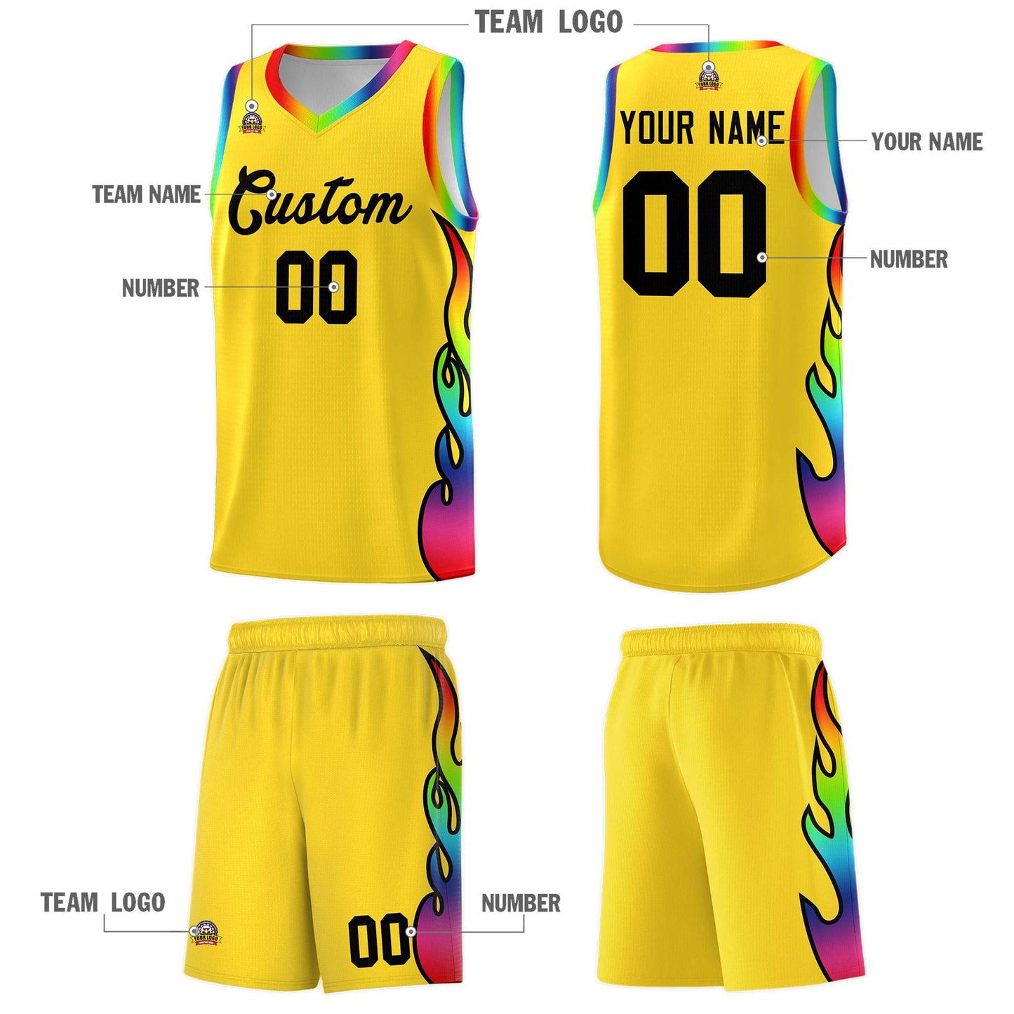 Custom Gold Side Flame Pattern Fashion Sports Uniform Basketball Jersey Limited