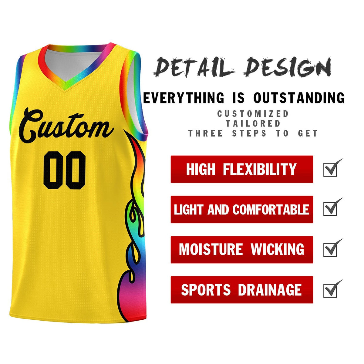 Custom Gold Side Flame Pattern Fashion Sports Uniform Basketball Jersey Limited