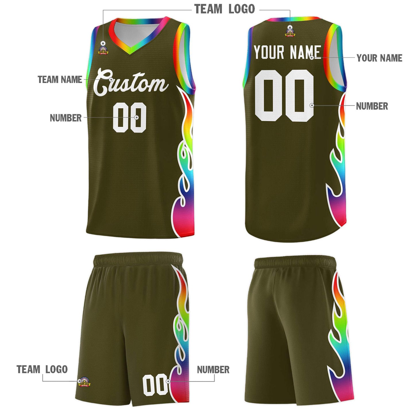 Custom Olive Side Flame Pattern Fashion Sports Uniform Basketball Jersey Limited