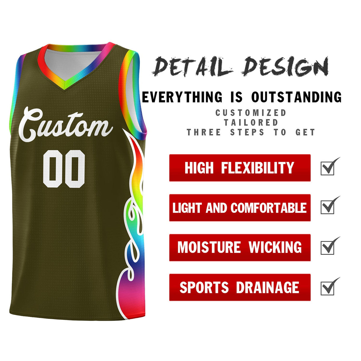 Custom Olive Side Flame Pattern Fashion Sports Uniform Basketball Jersey Limited