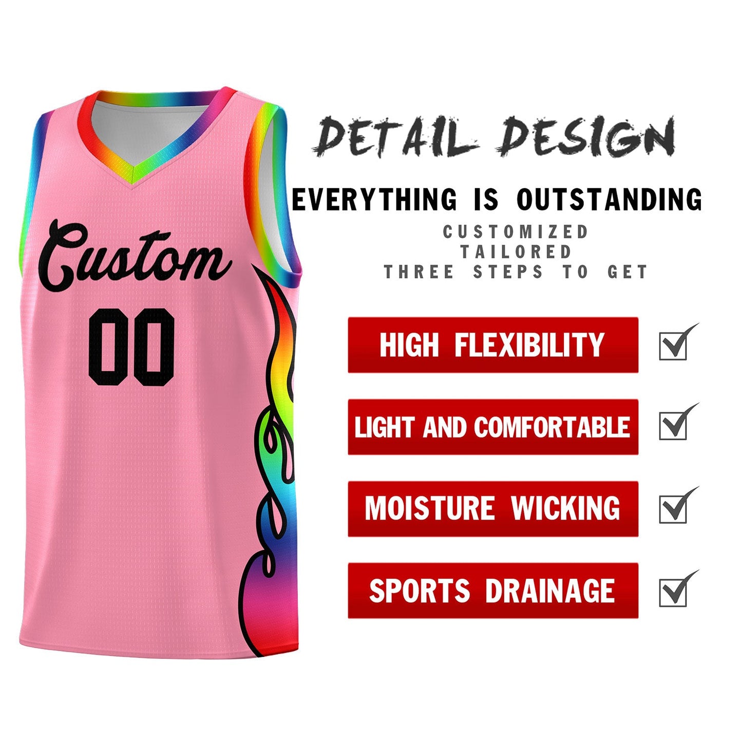 Custom Light Pink Side Flame Pattern Fashion Sports Uniform Basketball Jersey Limited