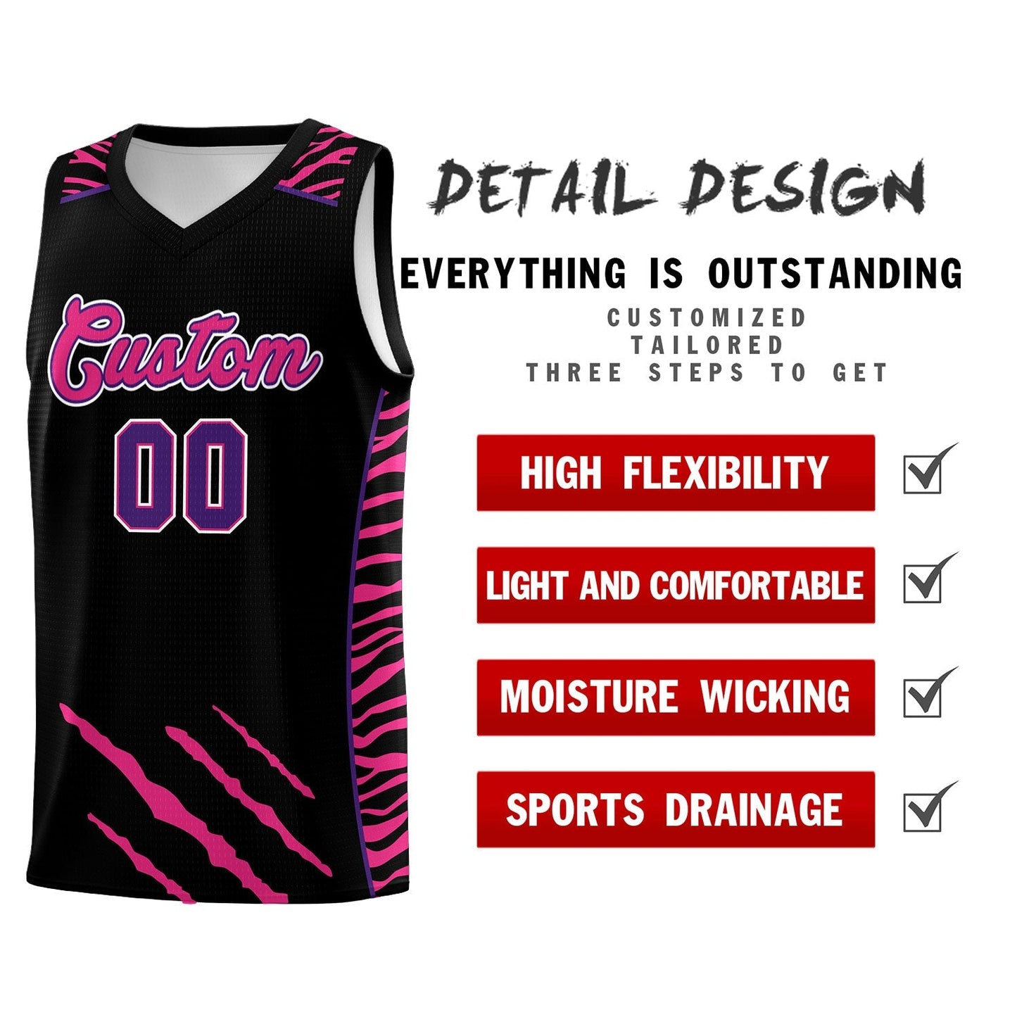Custom Black Personalized Tiger Claw Pattern Sports Uniform Basketball Jersey Limited