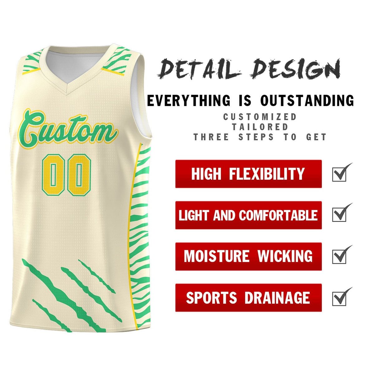 Custom Cream Personalized Tiger Claw Pattern Sports Uniform Basketball Jersey Limited