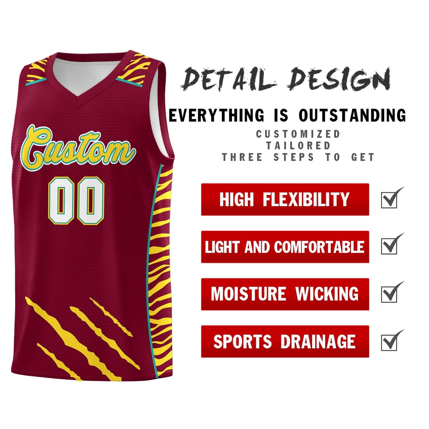 Custom Crimson Personalized Tiger Claw Pattern Sports Uniform Basketball Jersey Limited