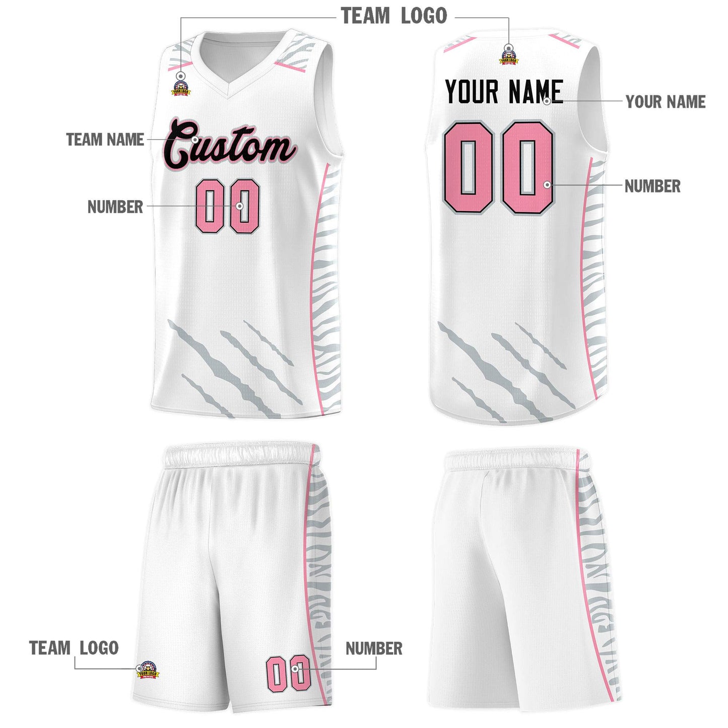 Custom White Personalized Tiger Claw Pattern Sports Uniform Basketball Jersey Limited