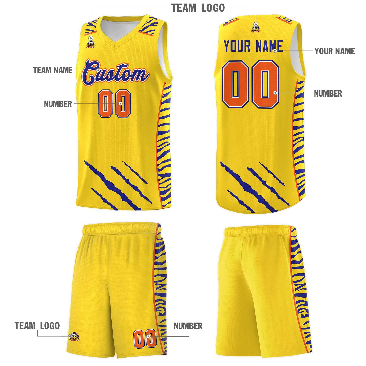 Custom Gold Personalized Tiger Claw Pattern Sports Uniform Basketball Jersey Limited