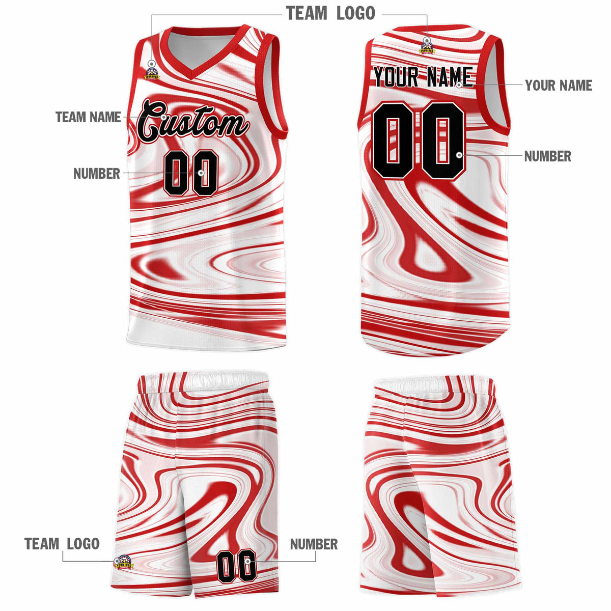 Custom White Red Graffiti Pattern Fluids Style Sports Uniform Basketball Jersey Sets Limited