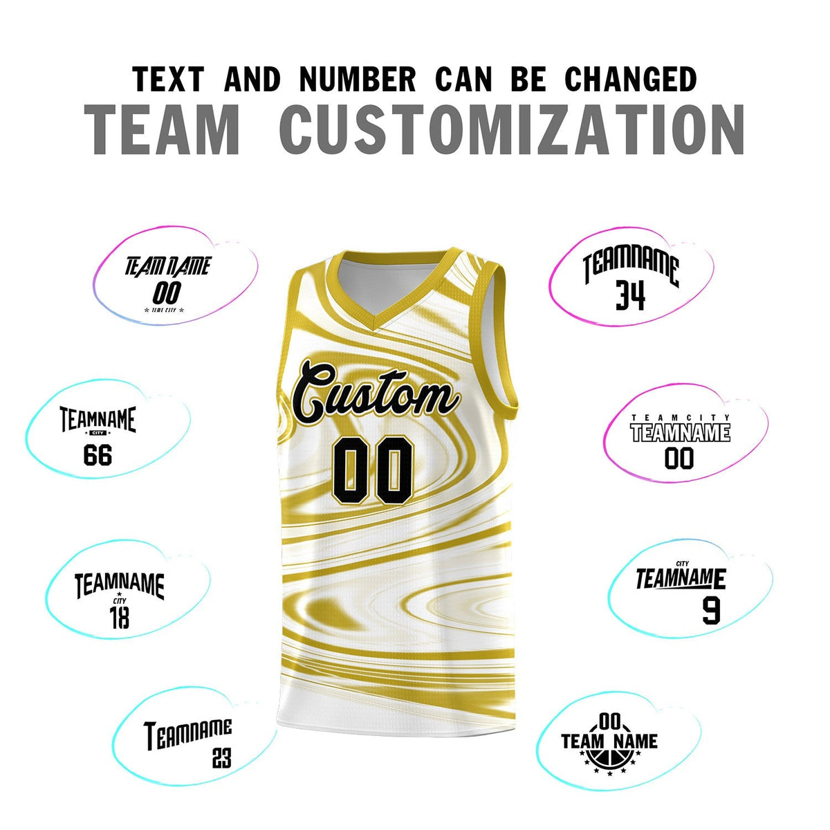 Custom White Old Gold Graffiti Pattern Fluids Style Sports Uniform Basketball Jersey Sets Limited