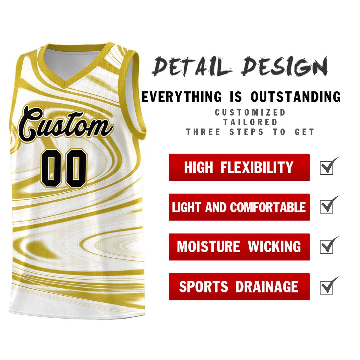 Custom White Old Gold Graffiti Pattern Fluids Style Sports Uniform Basketball Jersey Sets Limited