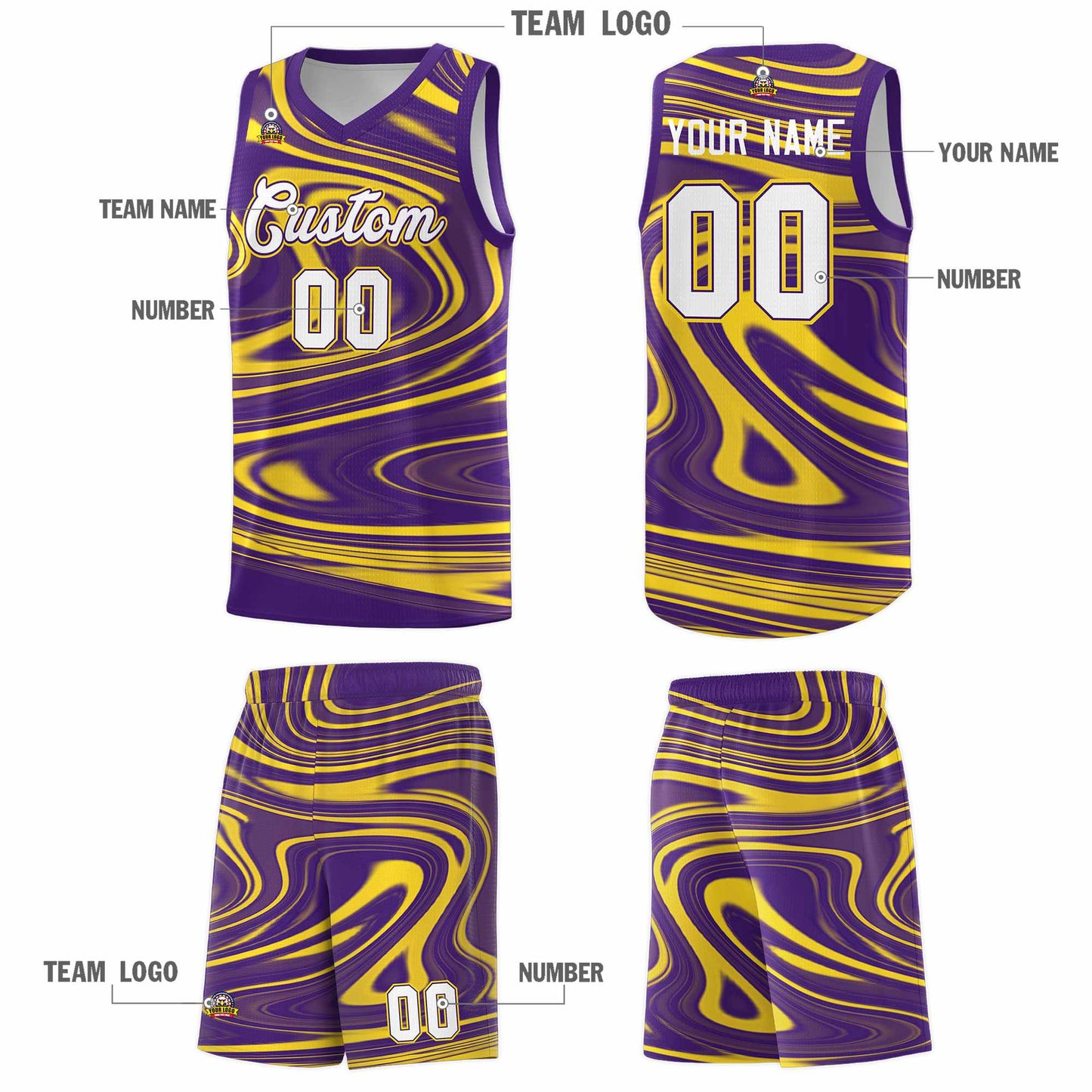 Custom Purple Gold Graffiti Pattern Fluids Style Sports Uniform Basketball Jersey Sets Limited