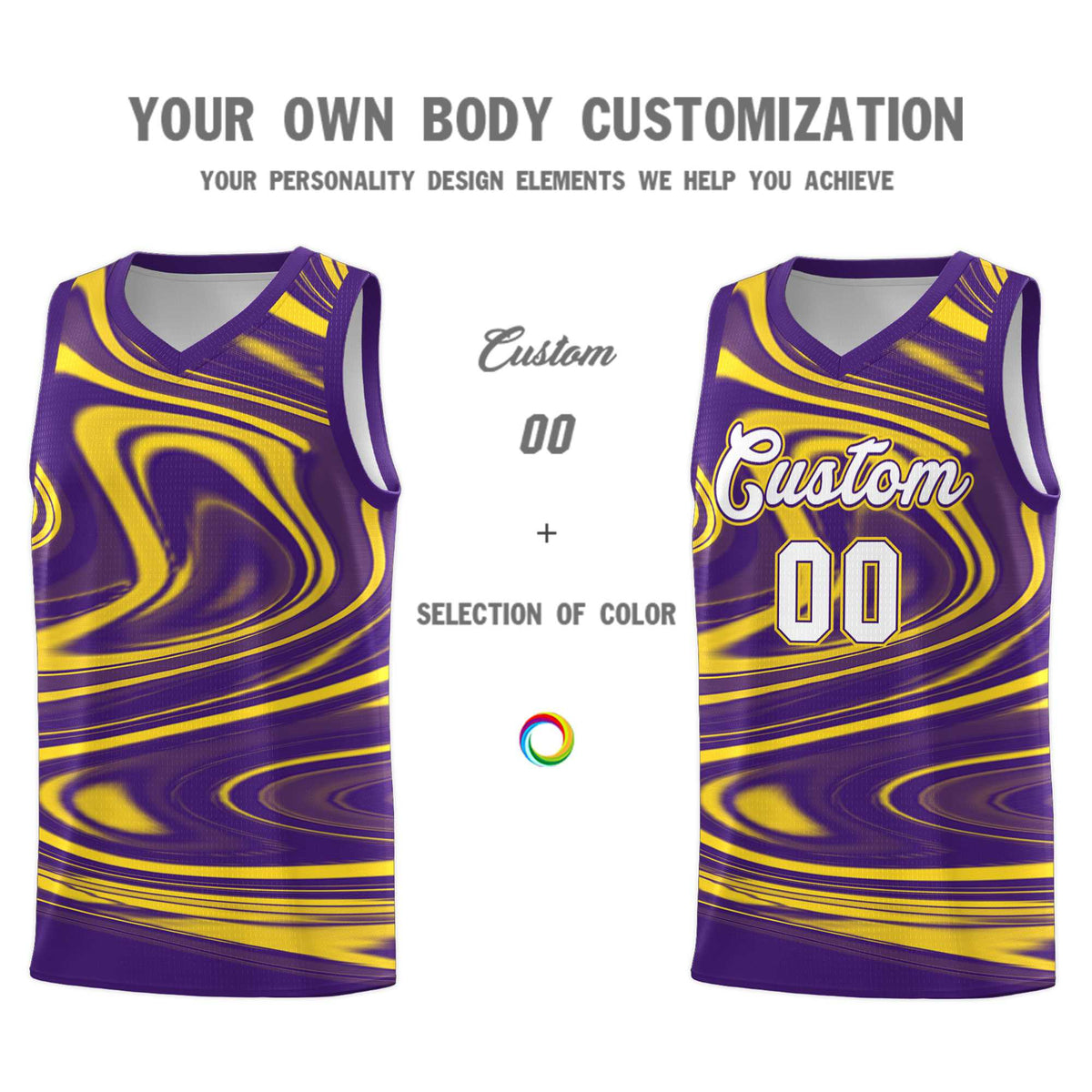 Custom Purple Gold Graffiti Pattern Fluids Style Sports Uniform Basketball Jersey Sets Limited