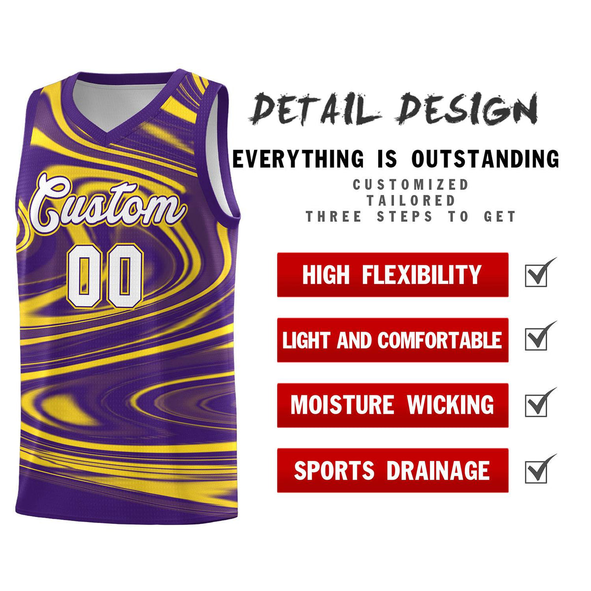 Custom Purple Gold Graffiti Pattern Fluids Style Sports Uniform Basketball Jersey Sets Limited