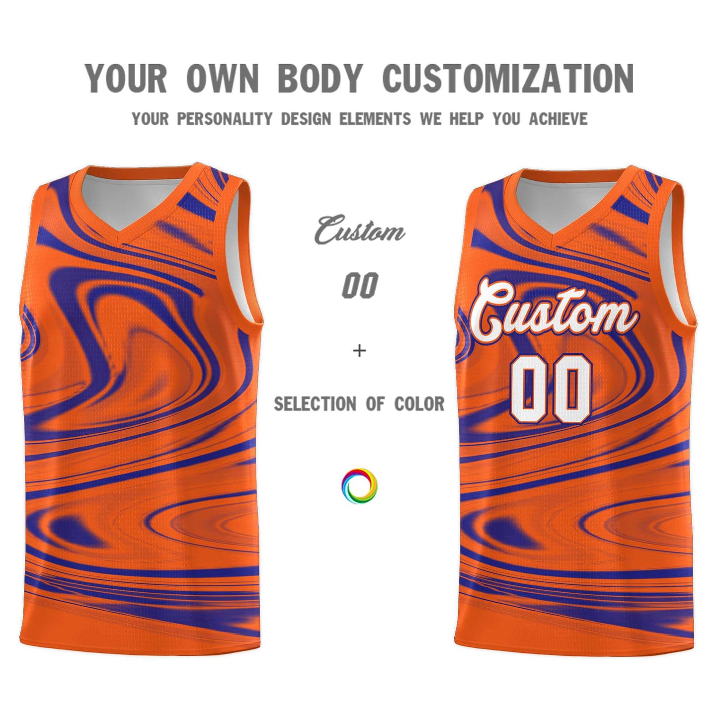 Custom Orange Royal Graffiti Pattern Fluids Style Sports Uniform Basketball Jersey Sets Limited