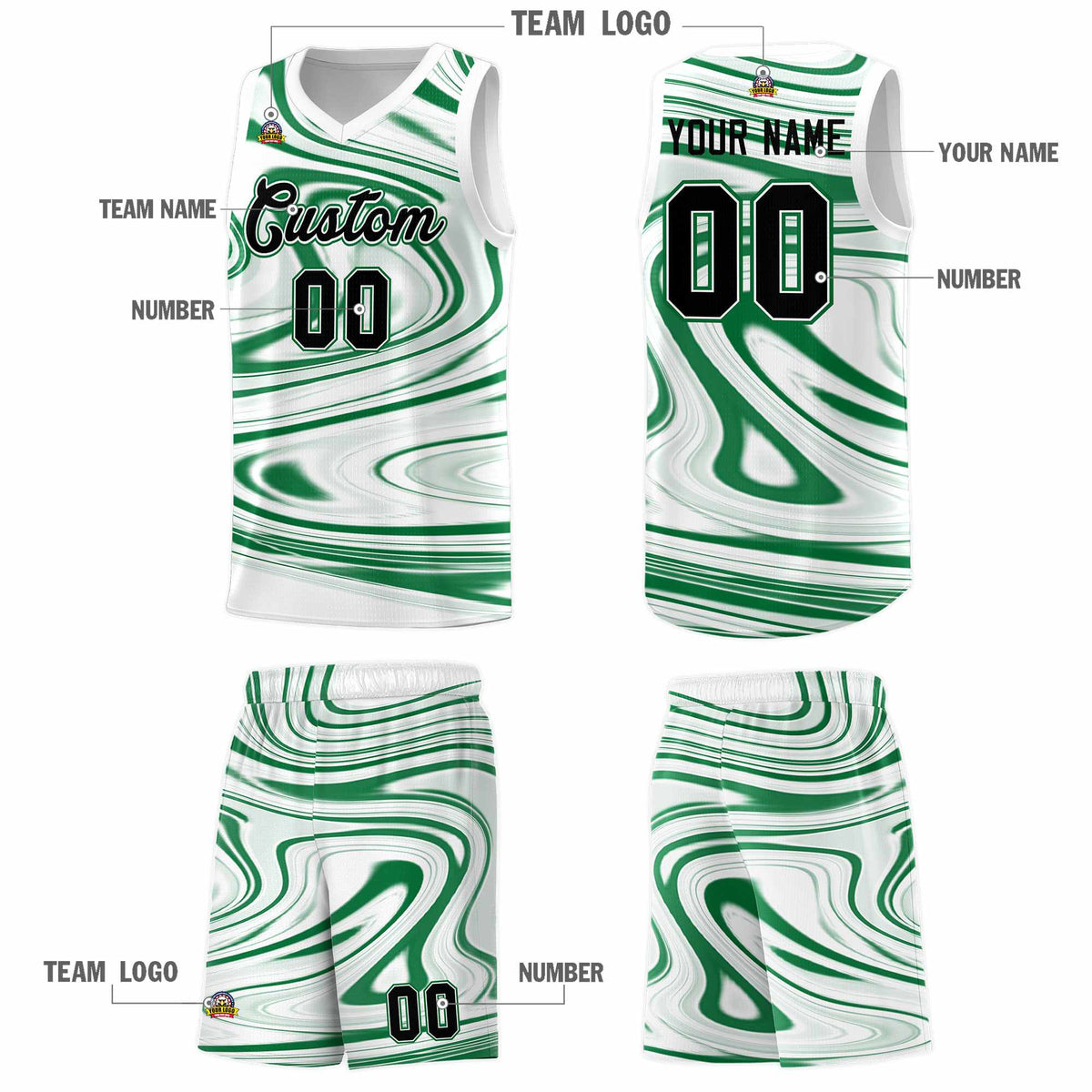 Custom White Kelly Green Graffiti Pattern Fluids Style Sports Uniform Basketball Jersey Sets Limited