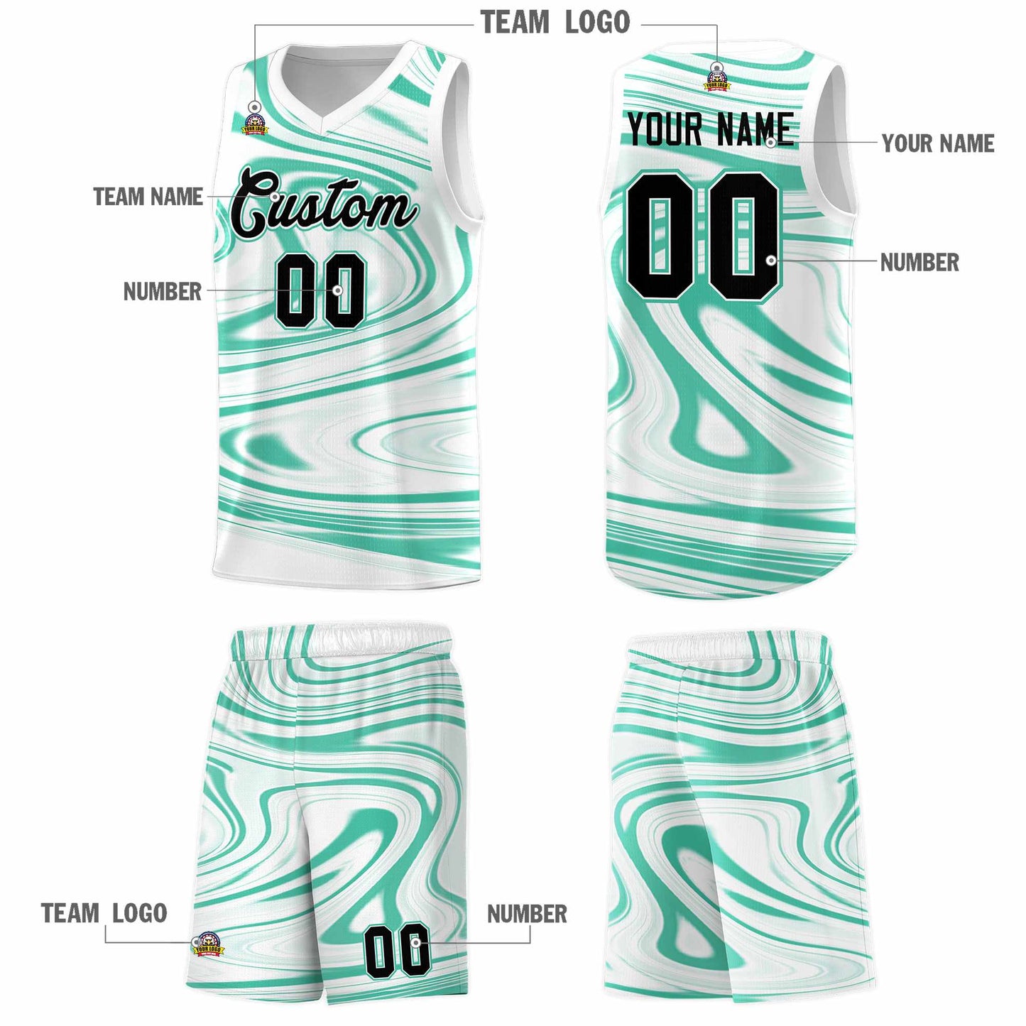 Custom White Bright Green Graffiti Pattern Fluids Style Sports Uniform Basketball Jersey Sets Limited