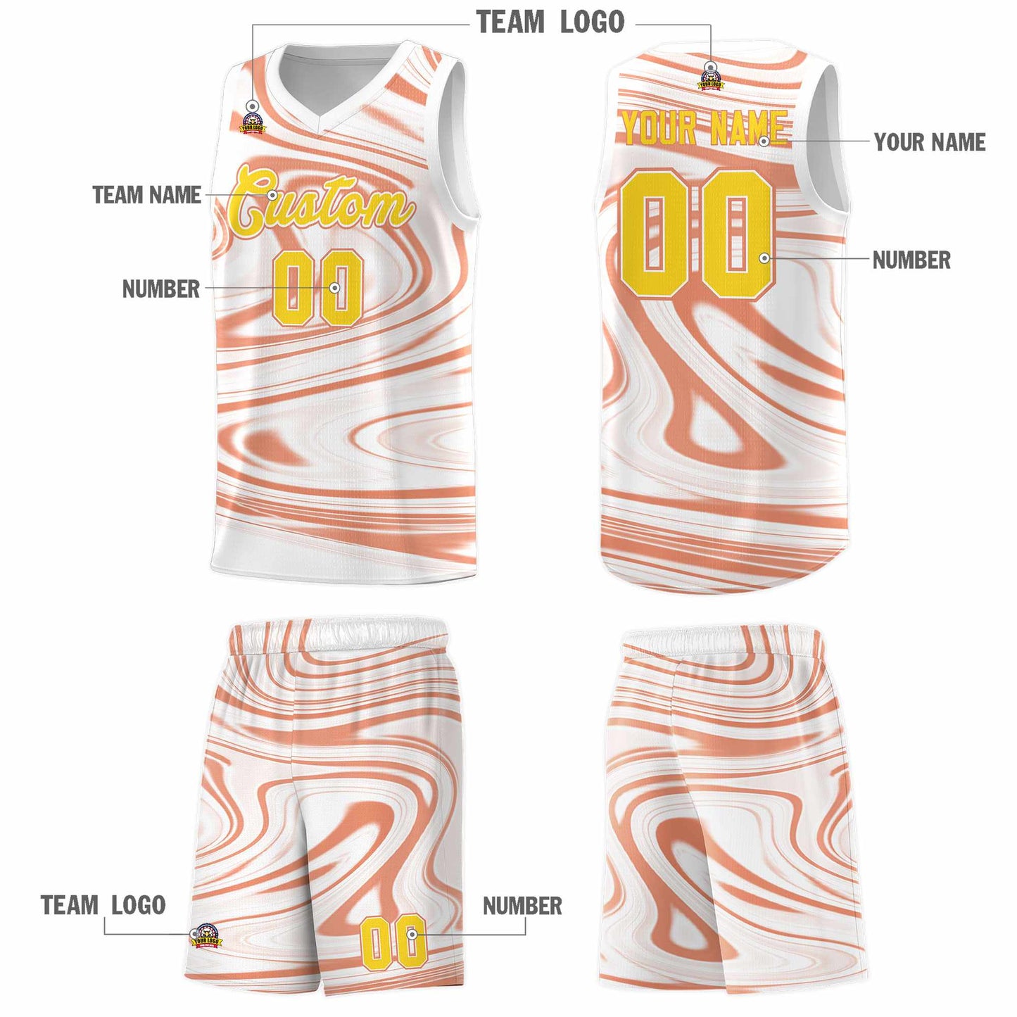 Custom White Light Orange Graffiti Pattern Fluids Style Sports Uniform Basketball Jersey Sets Limited
