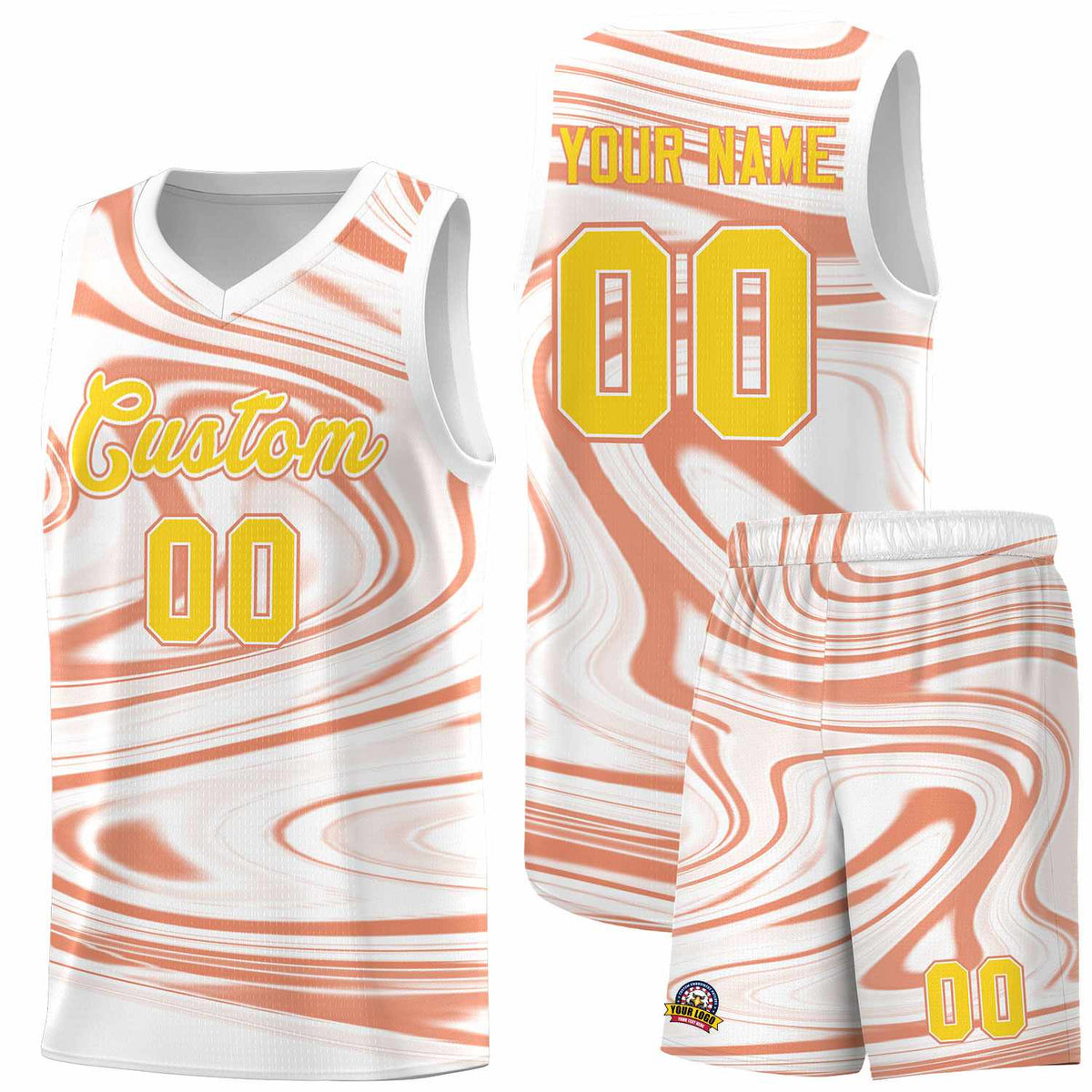 Custom White Light Orange Graffiti Pattern Fluids Style Sports Uniform Basketball Jersey Sets