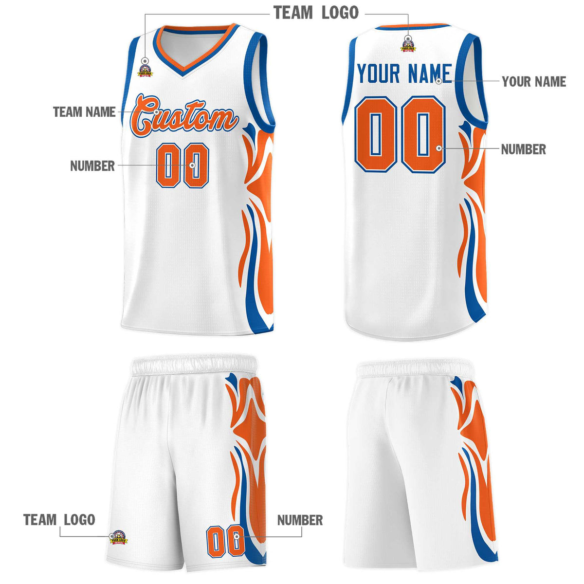 Custom White Orange-Royal Graffiti Pattern Side Curve Pattern Sports Uniform Basketball Jersey Sets Limited