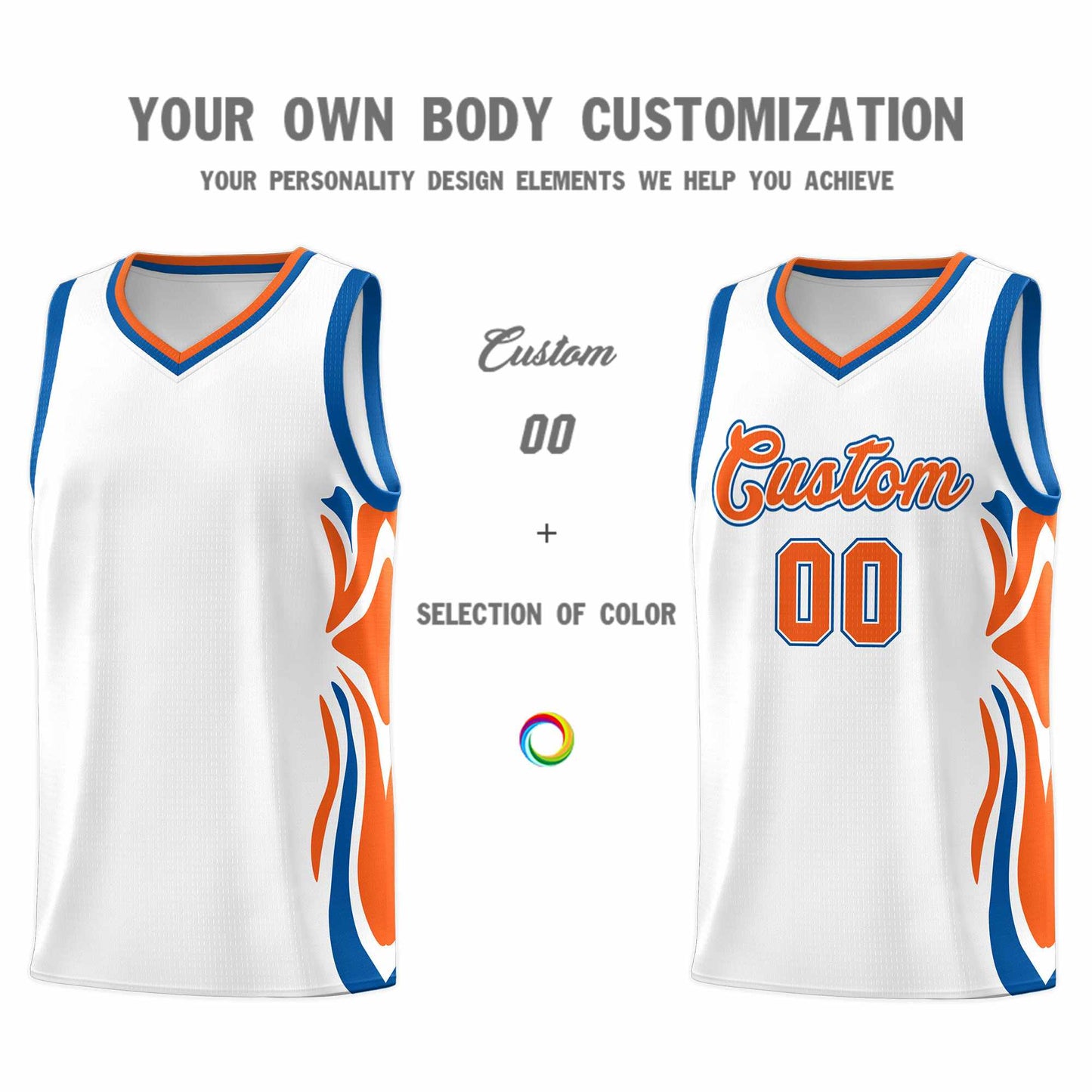 Custom White Orange-Royal Graffiti Pattern Side Curve Pattern Sports Uniform Basketball Jersey Sets Limited