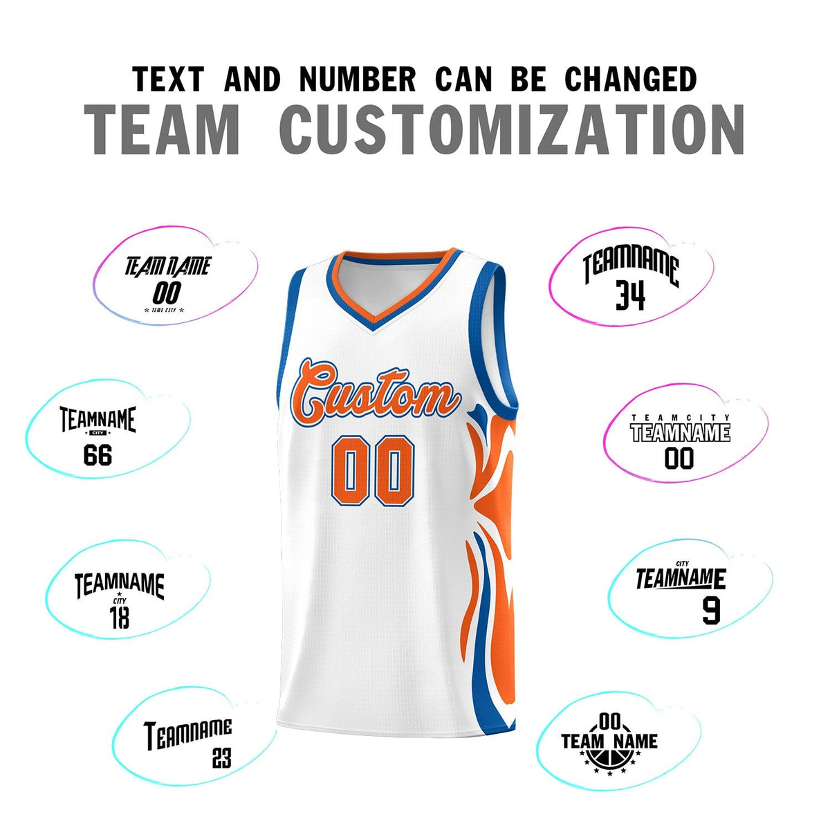 Custom White Orange-Royal Graffiti Pattern Side Curve Pattern Sports Uniform Basketball Jersey Sets Limited