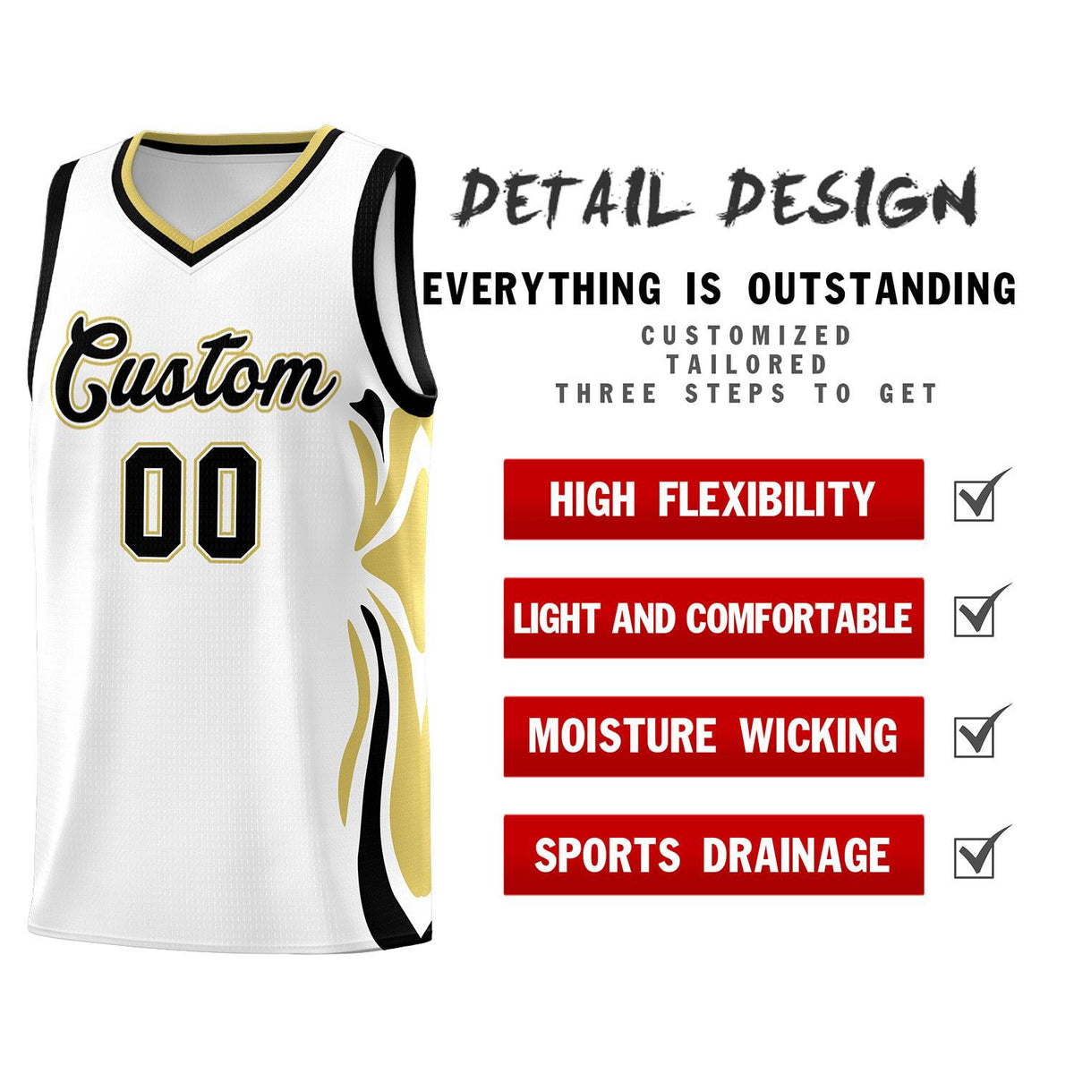 Custom White Black-Old Gold Graffiti Pattern Side Curve Pattern Sports Uniform Basketball Jersey Sets Limited