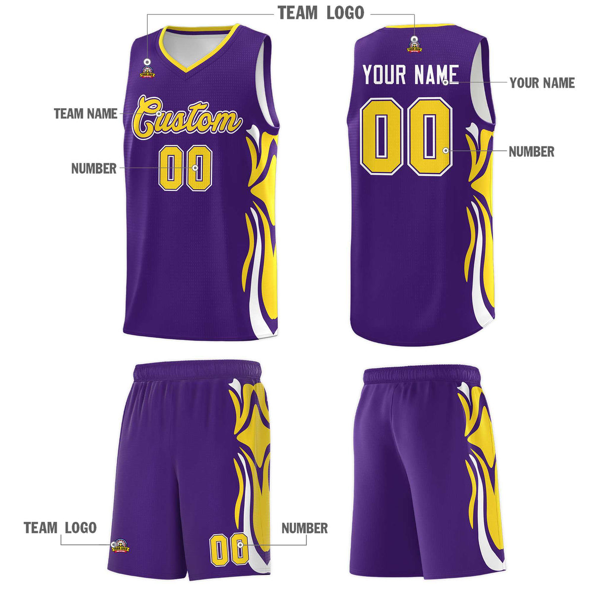 Custom Purple Gold-White Graffiti Pattern Side Curve Pattern Sports Uniform Basketball Jersey Sets Limited