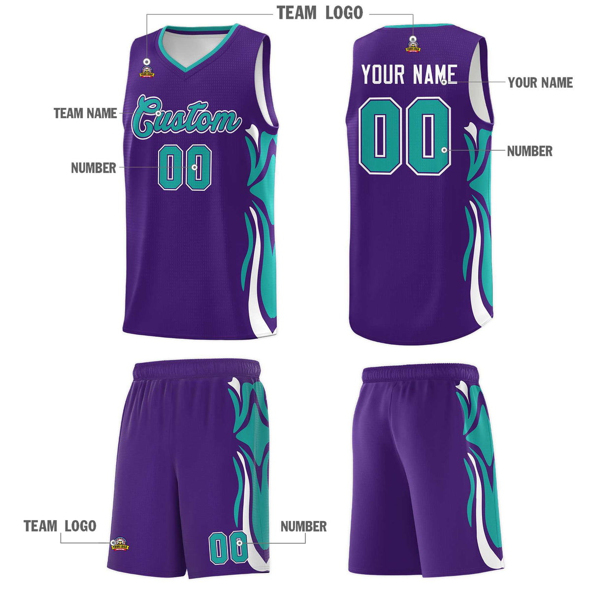 Custom Purple Aqua-White Graffiti Pattern Side Curve Pattern Sports Uniform Basketball Jersey Sets Limited