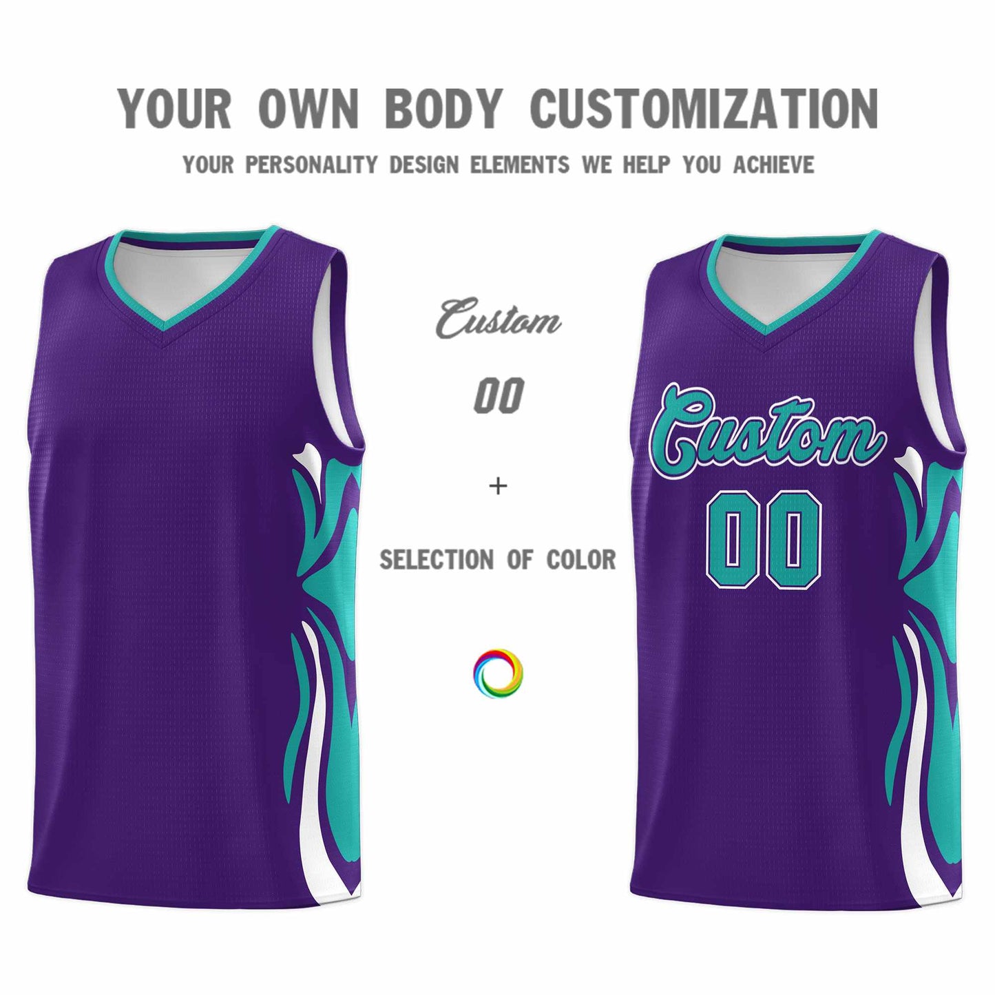 Custom Purple Aqua-White Graffiti Pattern Side Curve Pattern Sports Uniform Basketball Jersey Sets Limited