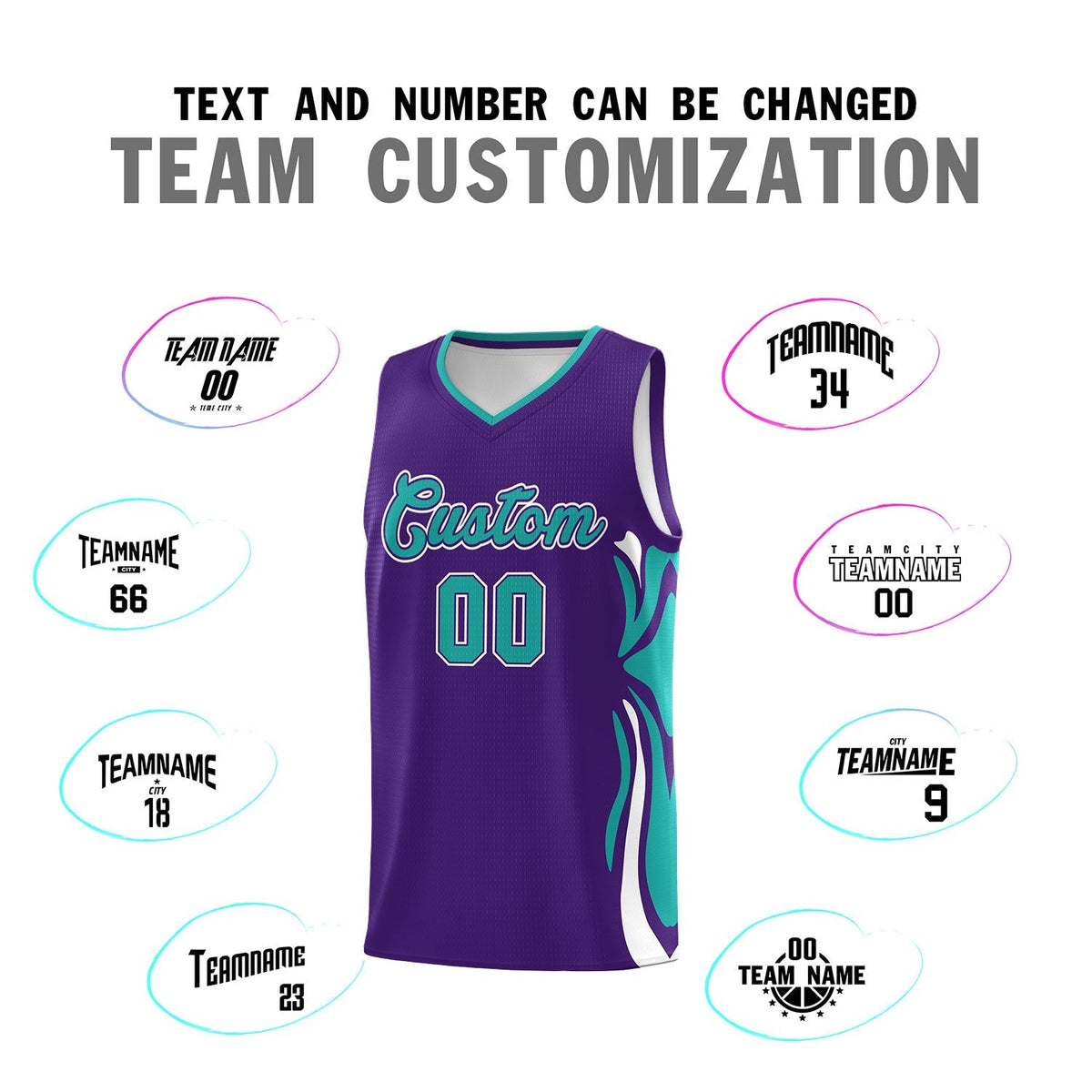 Custom Purple Aqua-White Graffiti Pattern Side Curve Pattern Sports Uniform Basketball Jersey Sets Limited