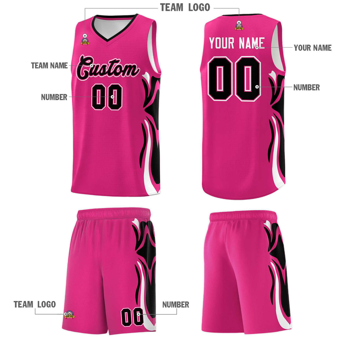 Custom Pink Black-White Graffiti Pattern Side Curve Pattern Sports Uniform Basketball Jersey Sets Limited