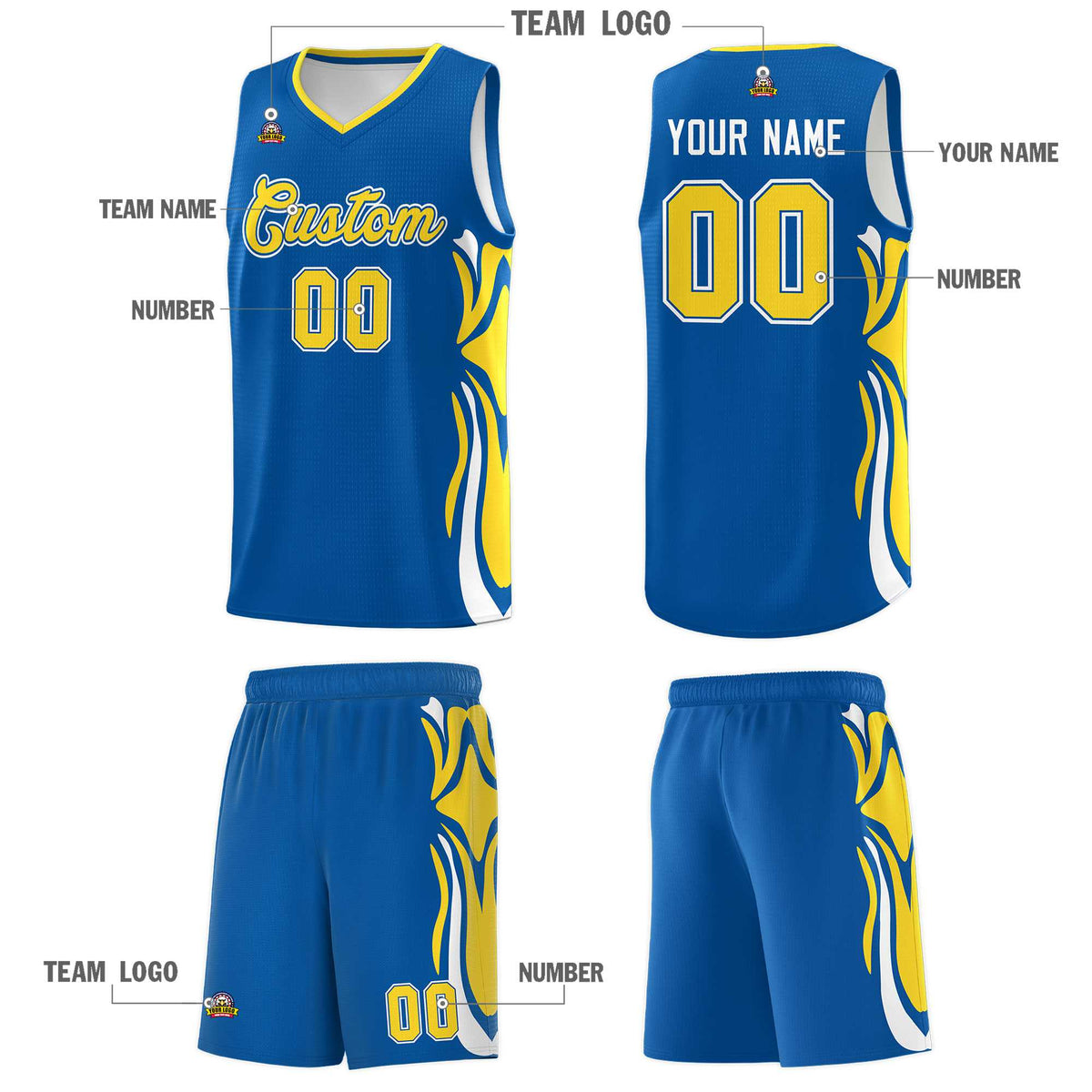 Custom Royal Gold-White Graffiti Pattern Side Curve Pattern Sports Uniform Basketball Jersey Sets Limited