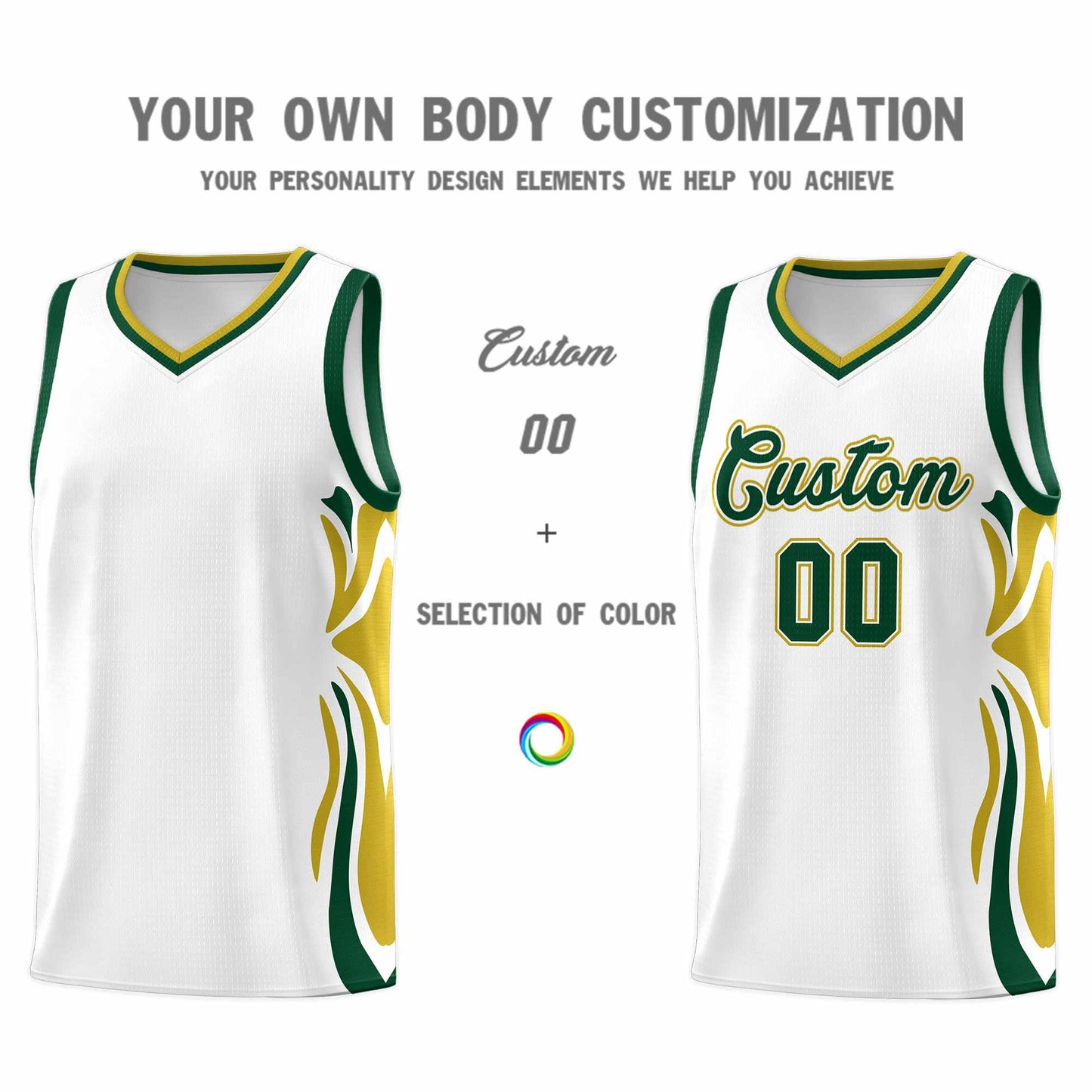 Custom White Green-Old Gold Graffiti Pattern Side Curve Pattern Sports Uniform Basketball Jersey Sets Limited