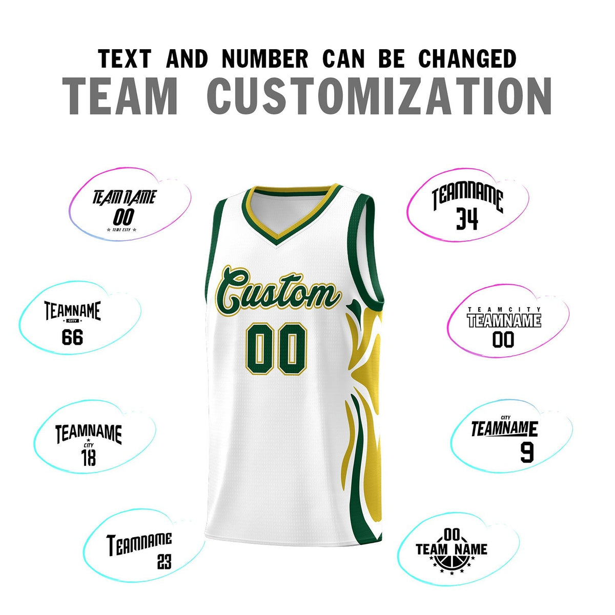Custom White Green-Old Gold Graffiti Pattern Side Curve Pattern Sports Uniform Basketball Jersey Sets Limited