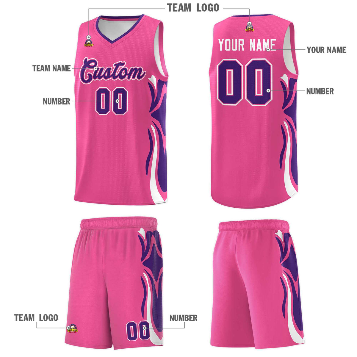 Custom Pink Purple-White Graffiti Pattern Side Curve Pattern Sports Uniform Basketball Jersey Sets Limited