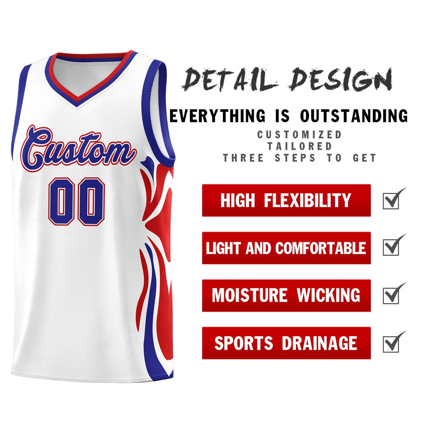 Custom White Royal-Red Graffiti Pattern Side Curve Pattern Sports Uniform Basketball Jersey Sets Limited