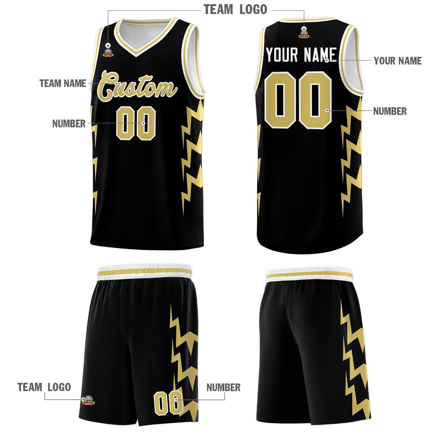 Custom Black Side Lightning Pattern Sports Uniform Basketball Jersey Limited