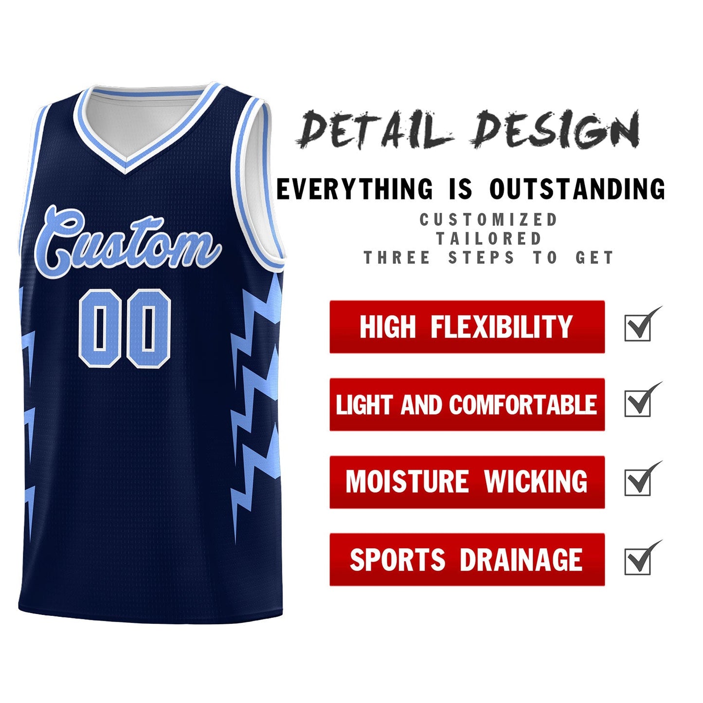 Custom Navy Side Lightning Pattern Sports Uniform Basketball Jersey Limited
