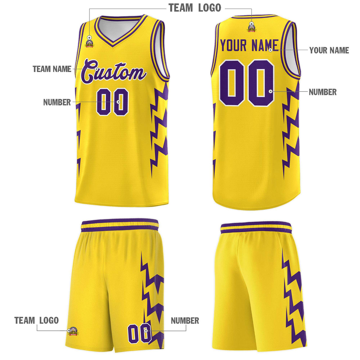 Custom Gold Side Lightning Pattern Sports Uniform Basketball Jersey Limited