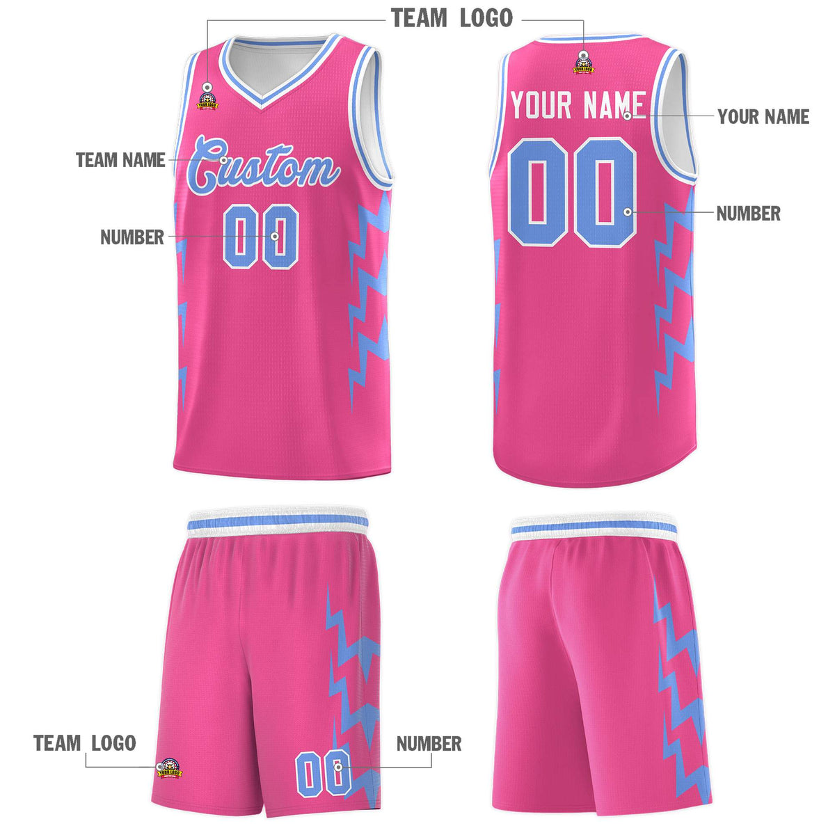 Custom Pink Side Lightning Pattern Sports Uniform Basketball Jersey Limited