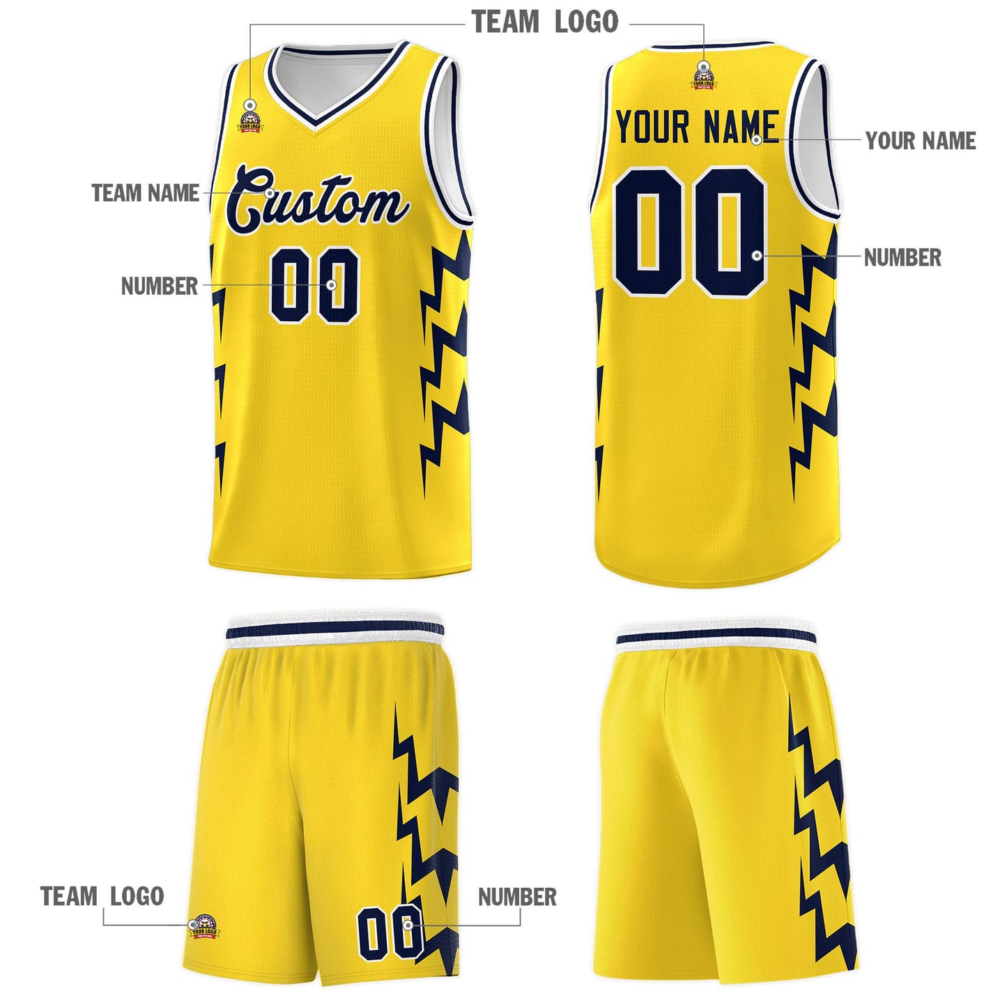 Custom Gold Side Lightning Pattern Sports Uniform Basketball Jersey Limited