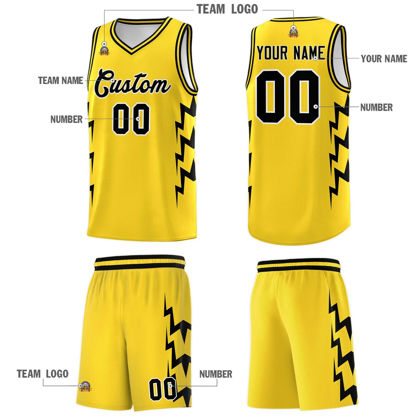 Custom Gold Side Lightning Pattern Sports Uniform Basketball Jersey Limited