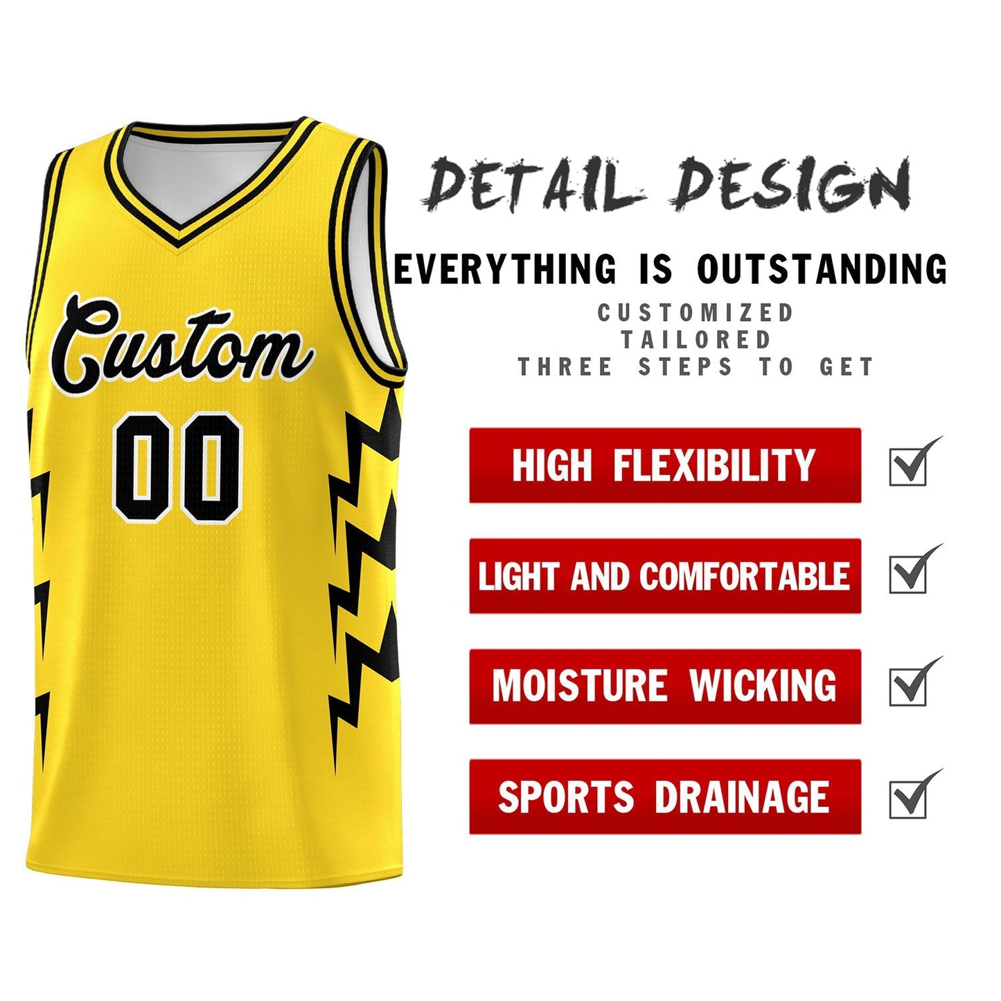 Custom Gold Side Lightning Pattern Sports Uniform Basketball Jersey Limited