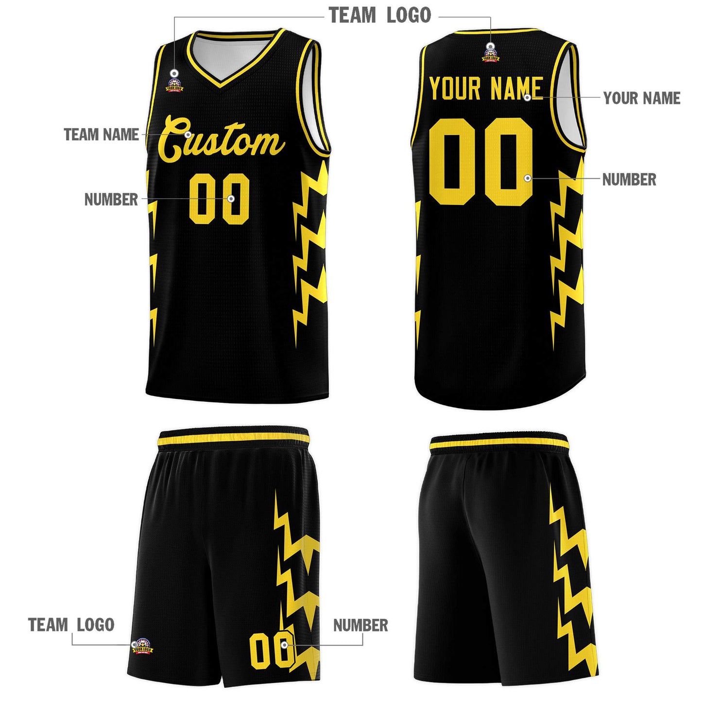 Custom Black Side Lightning Pattern Sports Uniform Basketball Jersey Limited