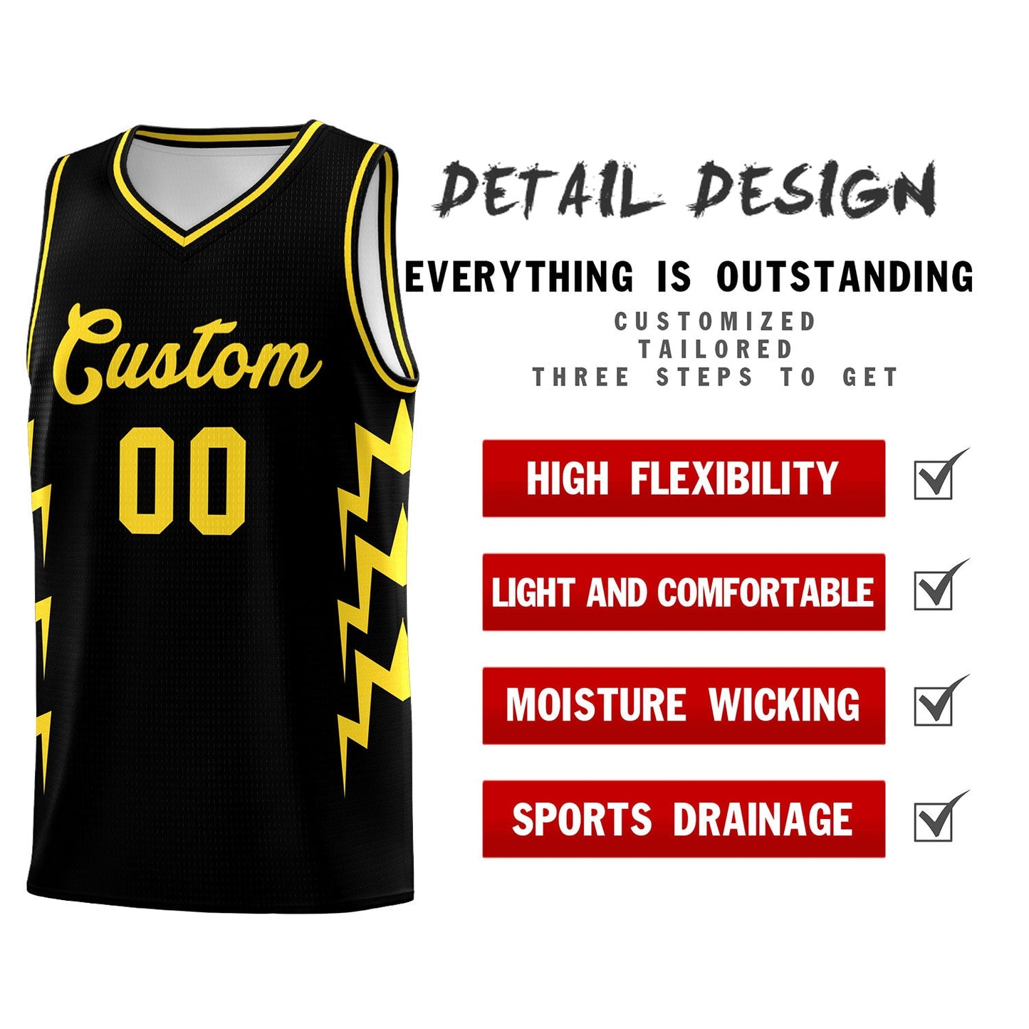 Custom Black Side Lightning Pattern Sports Uniform Basketball Jersey Limited
