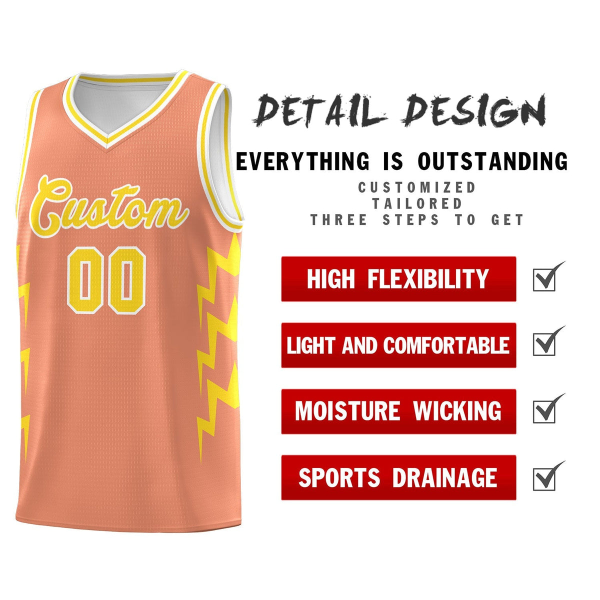 Custom Orange Side Lightning Pattern Sports Uniform Basketball Jersey Limited